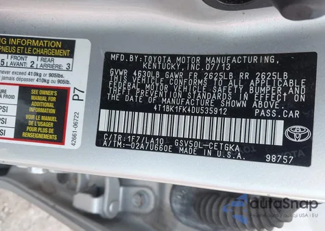 2013 Toyota Camry Xle V6 z USA, uszkodzony, nr VIN 4T1BK1FK4DU535912